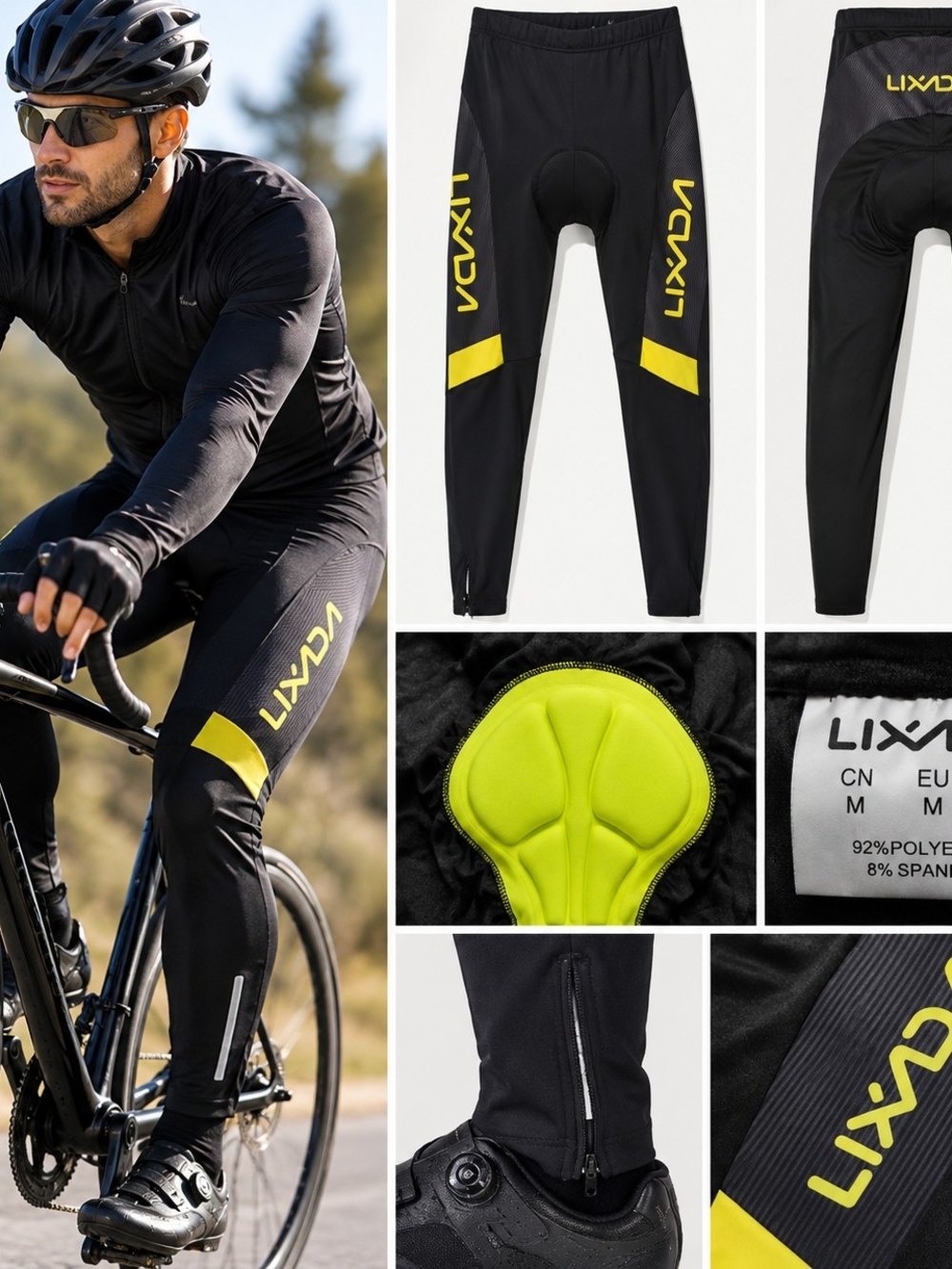 Lixada Men’s Padded Cycling Pants – Black/Yellow – Size S